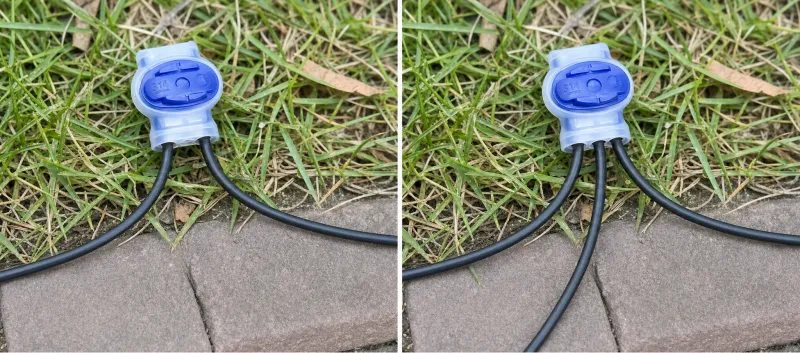 Outdoor buried boundary wire repair with 314 connector on green wire near soil and grass