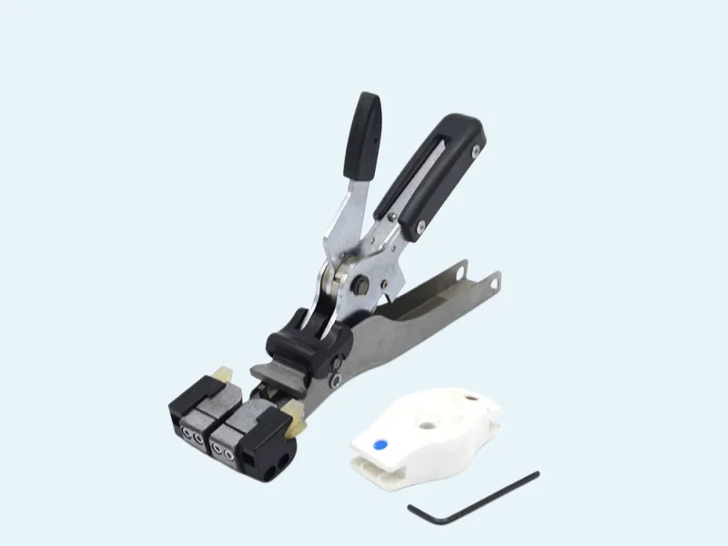 Black handle crimping tool for Brown in-line Picabond-style connectors